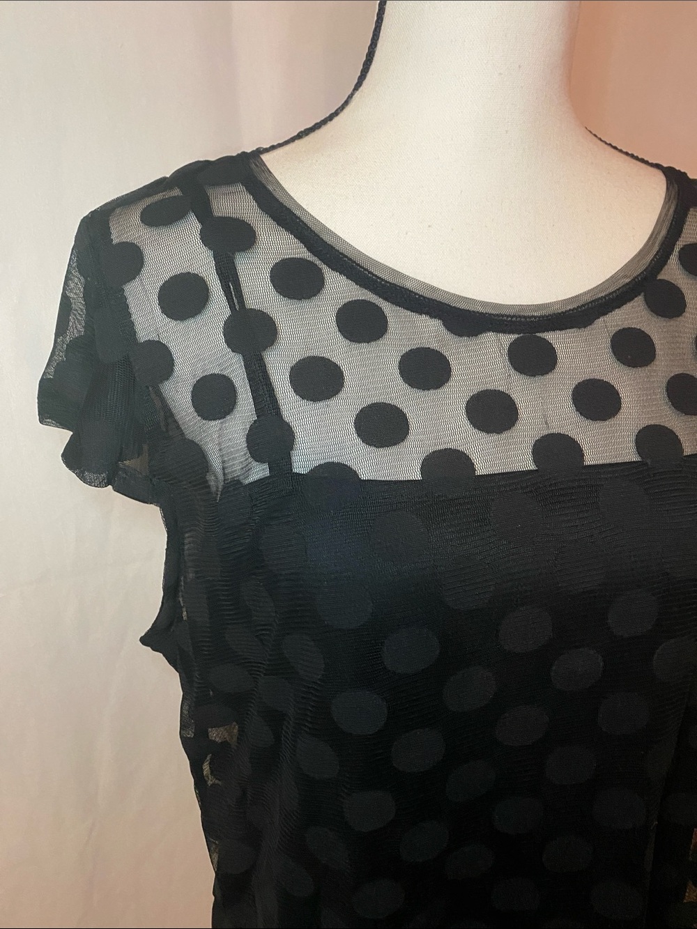 INC International Concepts Black Polka Dot Mesh Short Sleeve Blouse - Picture 3 of 7